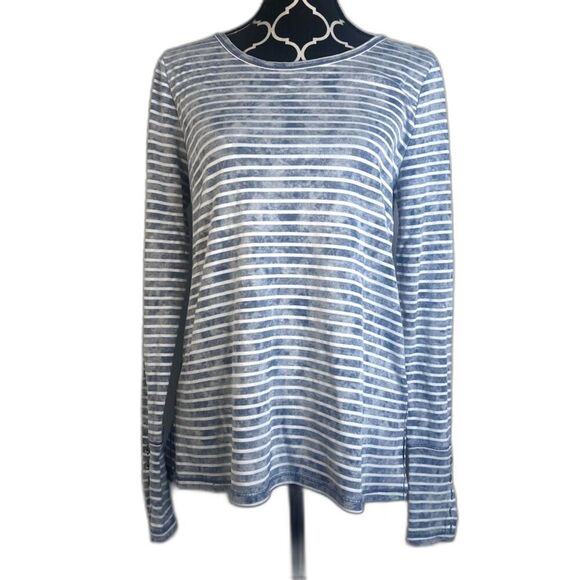 Lucky Lotus Blue White Striped Comfy Cotton Blend Button Cuff Top Size Medium - Picture 1 of 9
